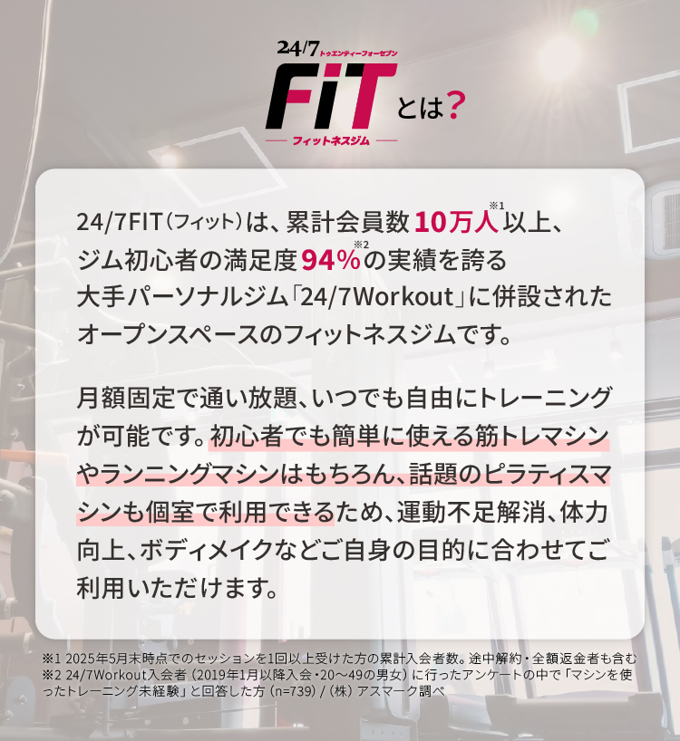 24/7FiTとは？24/7FIT（フィット）は、累計会員数10万人以上、　ジム初心者の満足度94％の実績を誇る大手パーソナルジム「24/7Workout」に併設されたオープンスペースのフィットネスジムです。月額固定で通い放題、いつでも自由にトレーニングが可能です。初心者でも簡単に使える筋トレマシンやランニングマシンはもちろん、話題のピラティスマシンも個室で利用できるため、運動不足解消、体力向上、ボディメイクなどご自身の目的に合わせてご利用いただけます。