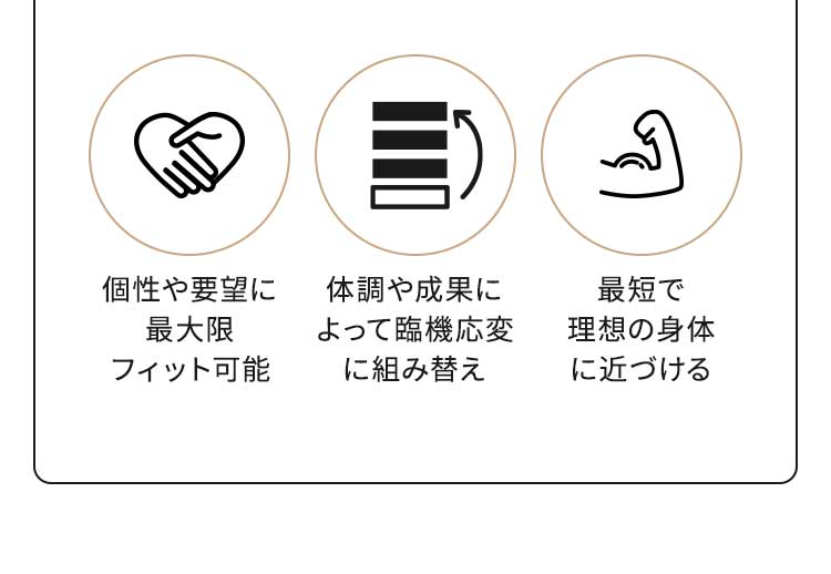 個性や要望に最大限フィット可能 体調や成果によって臨機応変に組み替え 最短で理想の身体に近づける